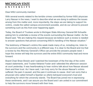 Illustration for article titled MSU's Response To Being "Perceived As Tone-Deaf" About Nassar Sex Abuse: Giving Vote Of Support To School President Who Knew About It